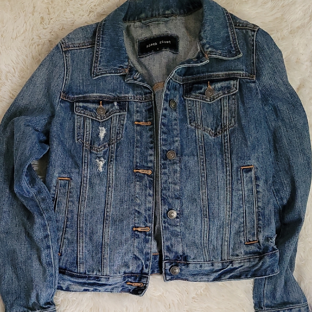 Black Rivet Medium Blue Distressed Denim Jacket